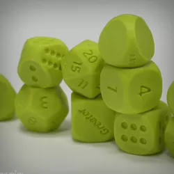 Various dice. (calculation symbols, arabic numbers, dots)