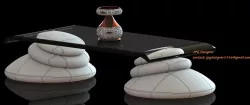 Design table. Materials: polished stone, tempered crsital and copper decoration
