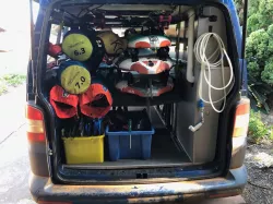 Fully adjustable, quickly removable, low profile van rack for windsurfing