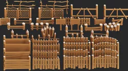 cartoon modular wooden fence low poly pack Low-poly 3D model