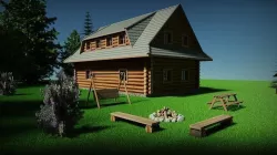 Log house in forest with enviroment and interior 3D model