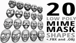 Low poly 20 mime and facial expression masks IMM zbrush set 3D model