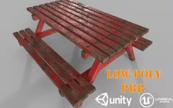 Red Old Wooden Picnic Table Low-Poly PBR Game Ready 3D Model Low-poly 3D model