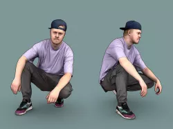 Guy in Purple T-shirt and Cap Squatting 3D model