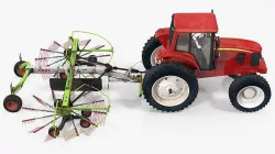 Tractor with Used Twin Rotor Rake Claas Liner 2700 Rigged 3D model