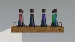 Eight potions bottles in a wooden tray 3D model