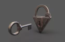 Medieval decorated padlock with key Low-poly 3D model