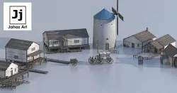 Package Rustic Wooden Houses with interiors Low-poly 3D model