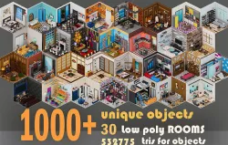 30 Low poly Rooms Interiors 1000 plus unique Objects Low-poly 3D model