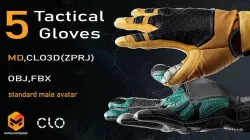 5 Tactical Gloves  MD and CLO3D  obj and fbx VOL01 3D model