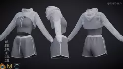 Female Fitness Shorts Tank top And Net crop Hoodie 2piece Outfit 3D model
