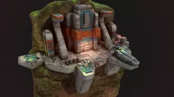 Low poly sci fi outpost buildings on cliffs environment Low-poly  3D model
