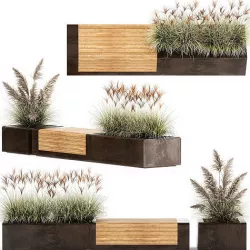Bench With Flowerpot And Bushes For Outdoor Decor 1143 3D model
