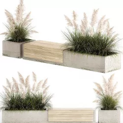 Bench With Flowerpot And Bushes For Outdoor Decor 1144 3D model
