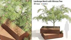 Landscape Bench with Mimosa tree pot Low-poly 3D model