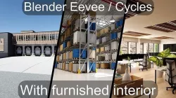 Modern furnished warehouse with office for Blender Low-poly 3D model