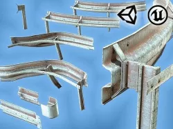 Modular - Rusty road safety barrier Kit - 3D VR  AR  game ready  Low-poly 3D model