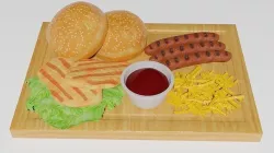 Wood platter with commonly liked food Low-poly 3D model
