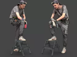 Worker in Gray Stands on a Stepladder 3D model