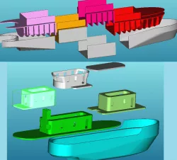 Toys for boys-ship/wood log barge+tug, icebreaker bow- OpenSCAD CSV
