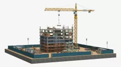 Construction Site with Building and Construction Vehicles Low-poly 3D model