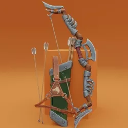Fantasy Wooden bow with armor blades and stylized quiver Low-poly 3D model