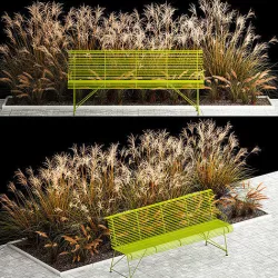 Flowerbed Bench With Bushes Feather Grass 1135 3D model