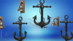 Nautical anchor and bell for a marine vessel PBR game ready Low-poly 3D model