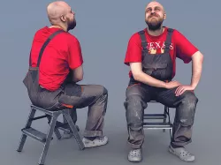 Photorealistic Bald Worker in Overalls and Red T-shirt Sitting 3D model