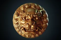 Ancient Chinese traditional culture lion head relief shield 3D model
