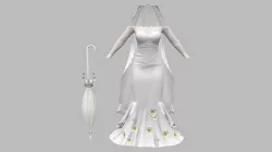 Wedding Dress With Long Veil Cape Umbrella Accessory Low-poly 3D model