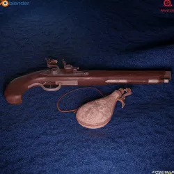 Low Poly Flintlock Pistol and Gun Powder Flask Low-poly 3D model