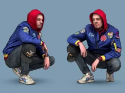 Cheeky Guy in a Blue Bomber Jacket Squatting Low-poly 3D model