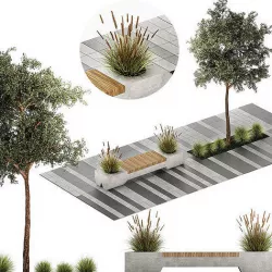 Tree and bushes with bench for outdoor environment 1146 3D model