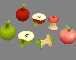 Cut apples - Apple core- Red apple - Green apple Low-poly 3D model