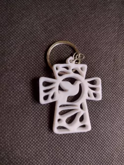 Key ring first communion or baptism cross and dove