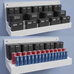 Pack of 125 camera battery wall mount shelf holder for Sony, Canon, Nikon, Go PRO, flashes, AA and AAA batteries