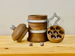 Medieval Inspired Antique Wooden Beer Mug Dice Box + Dice Set