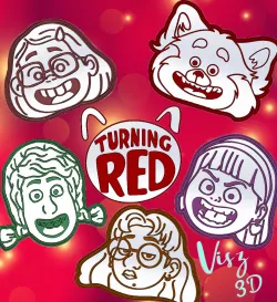 Turning Red cookie cutter characters. Mei Lee, Red, Miriam, Miriam, Priya, Abby, Red Logo