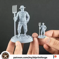 Farmer with pitchfork 32mm and 75mm scale pre-supported