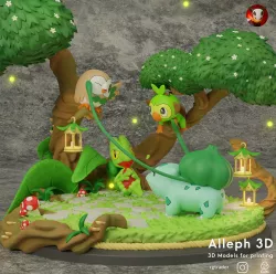 pokemon diorama bulbasaur,treecko,rowlet and grookey (with cuts)