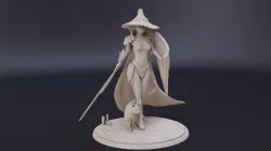 Warrior witch with her cat, fighting with sword and shield