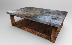 A simple rustic wooden and concrete coffee table