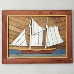 Folk Art Painted Wood Lathe Assemblage Ship 3D model