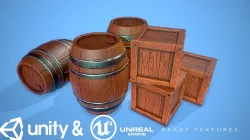 Stylized wooden barrel and box Low-poly  3D model