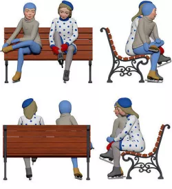 001307 two girls in skates seats on the bench 3D model