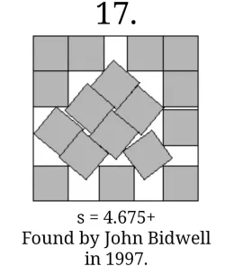 The optimal known packing of 17 equal squares into a larger square - i.e. the arrangement which minimizes the size of the large square.