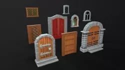 Medieval stylized doors and windows pack low poly PBR game asset Low-poly 3D model
