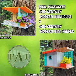 BIRDHOUSE AND BIRD FEEDER COMBO! MID CENTURY MODERN STYLE!