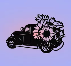 Decorative mural, wall decoration, panno, retro car with sunflowers